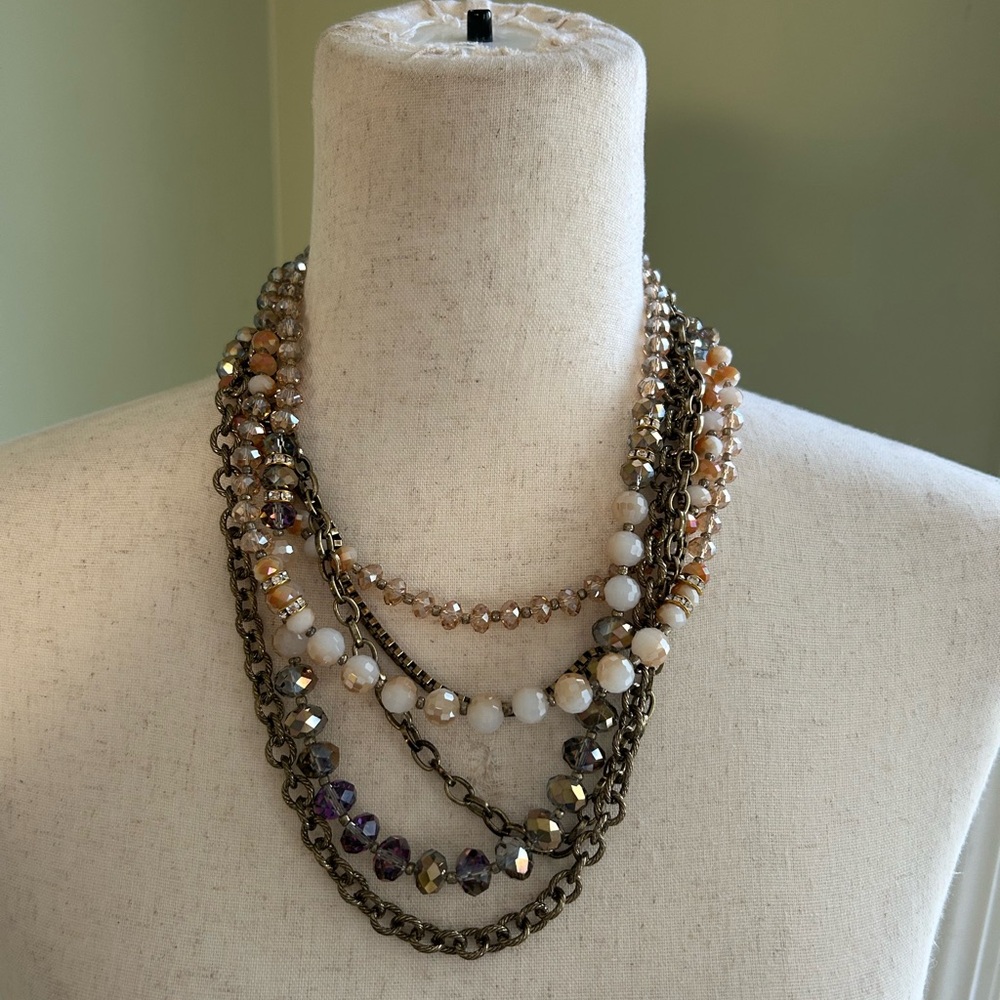 Multi strand vintage statement necklace. Grey, ivory and peach beads. 9inch drop